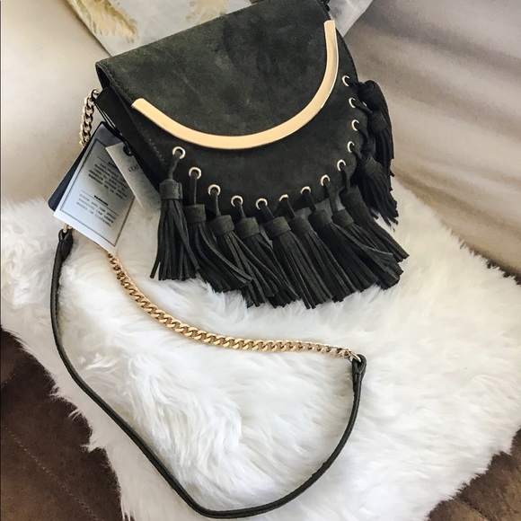 Zara Handbags - Genuine Suede Leather Khaki Crossbody w/ tassels